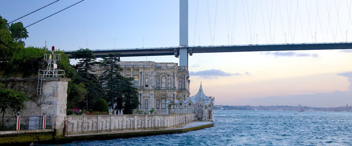 Beylerbeyi Palace featuring château or palace, general coastal views and a bridge