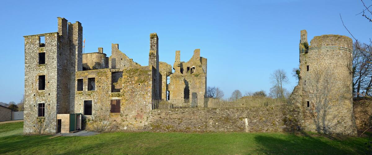 A historic stone castle with multiple towers and ruins.