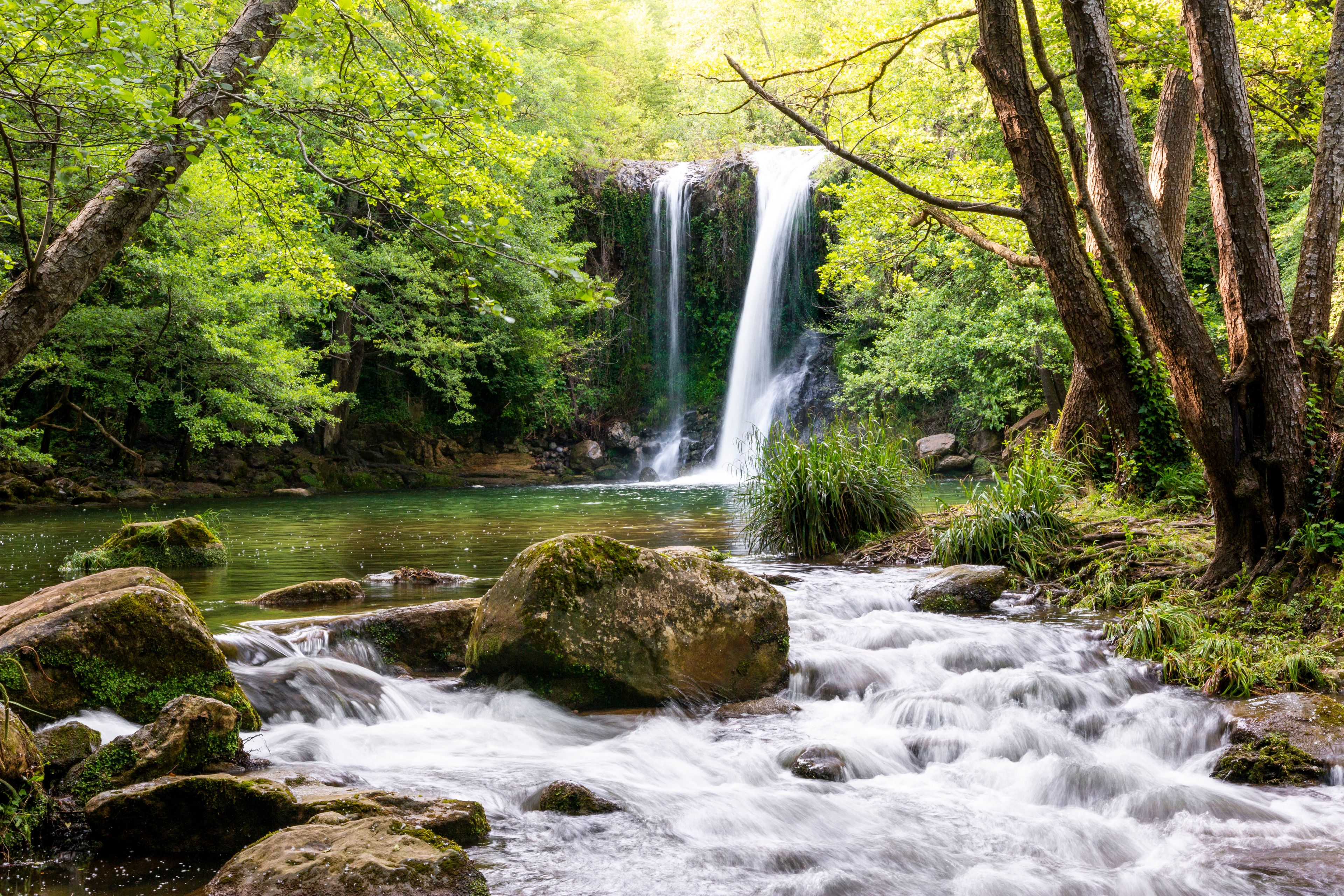Ein Wasserfall, umgeben von üppigem Grün und Felsen.