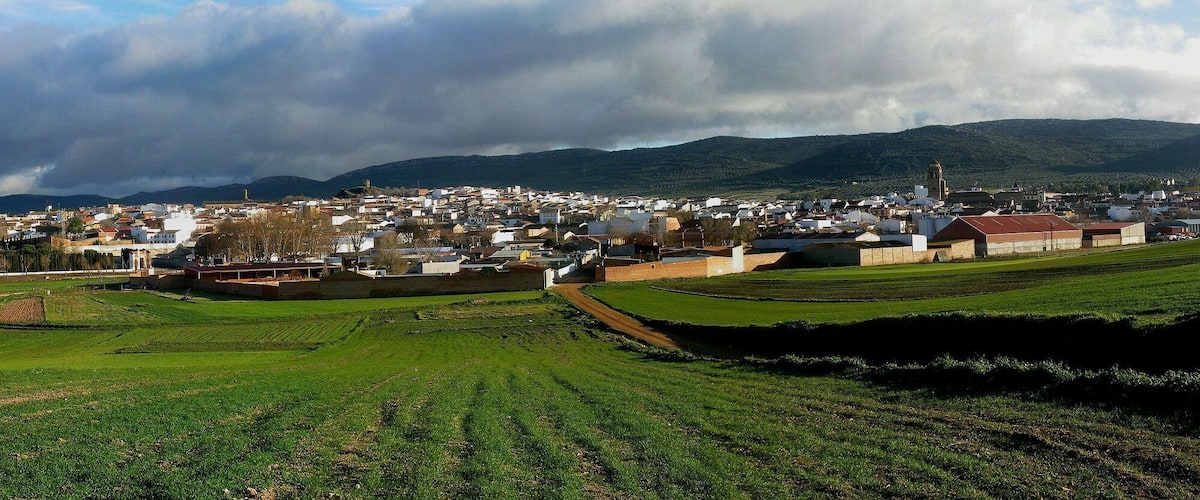 A town with green fields, a church, and mountains in the background.