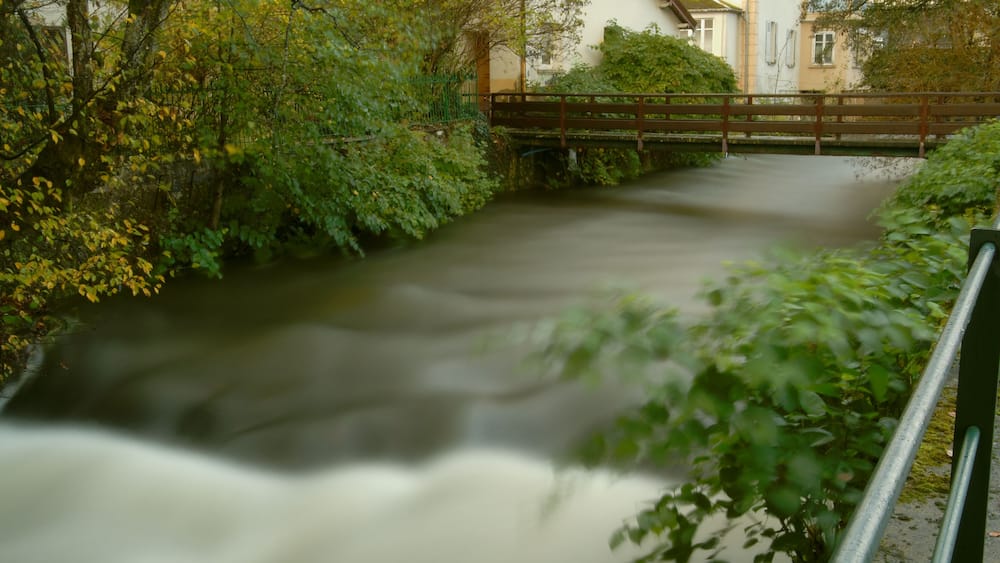 A river flowing through a town with greenery and buildings.