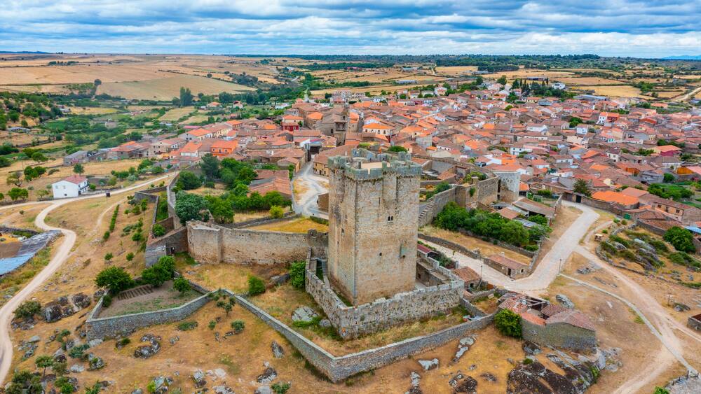A medieval castle surrounded by a town with red-roofed buildings.