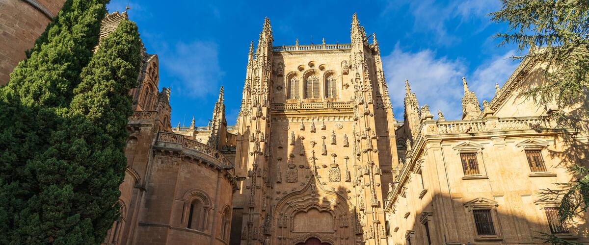 A Gothic cathedral with intricate stonework and a large red door.