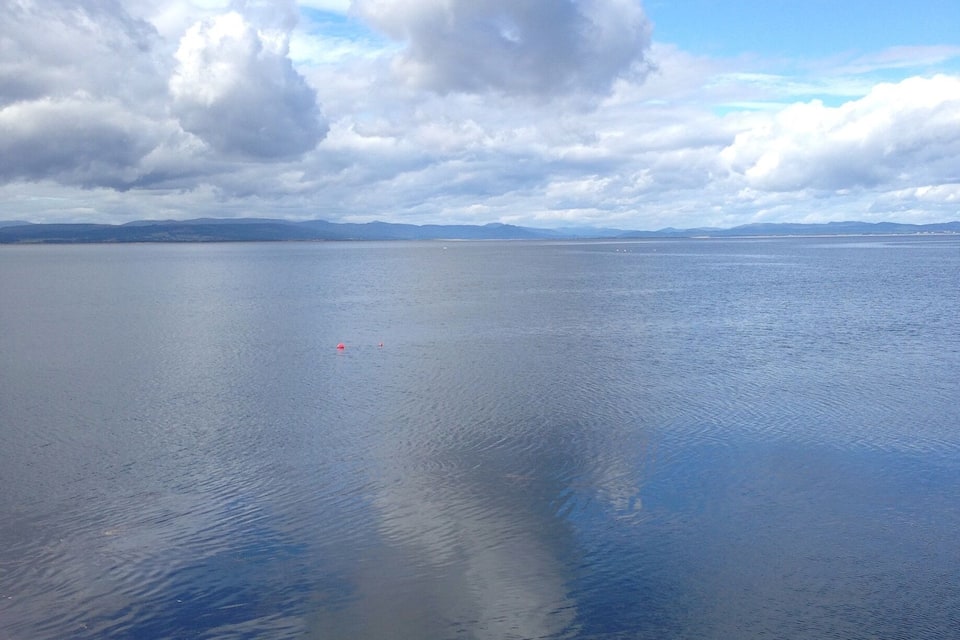 A calm body of water with a clear sky and distant mountains.