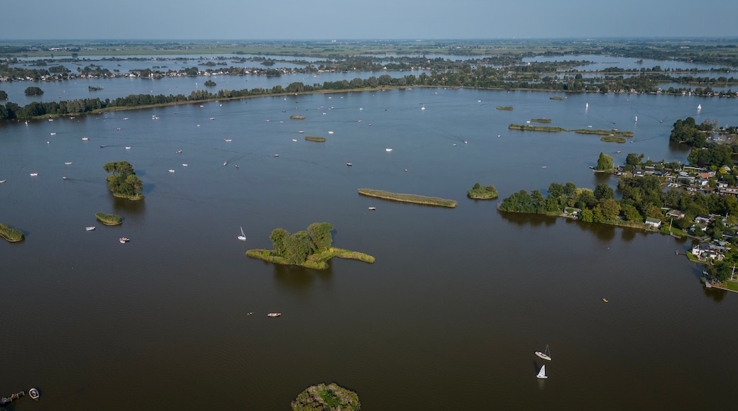 aerial footage drone shot of Elfhoeven lake in Reeuwijkse Plassen Netherlands. Dutch recreational wetland area is popular with many boats on hot sunny summer day
