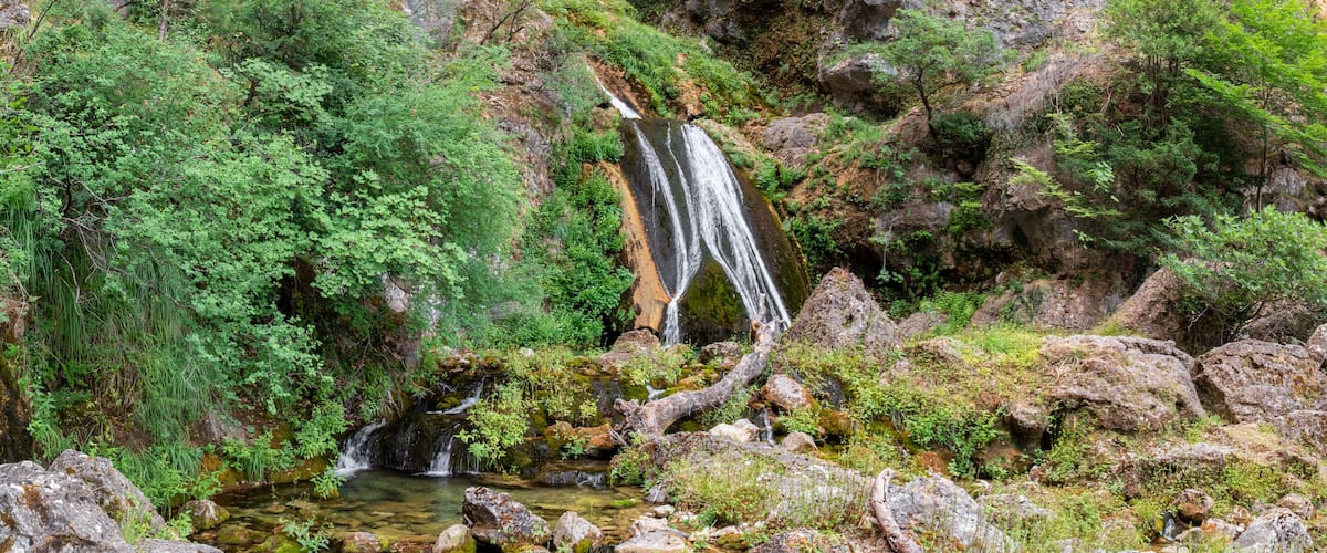 A waterfall cascading over rocks surrounded by lush greenery.