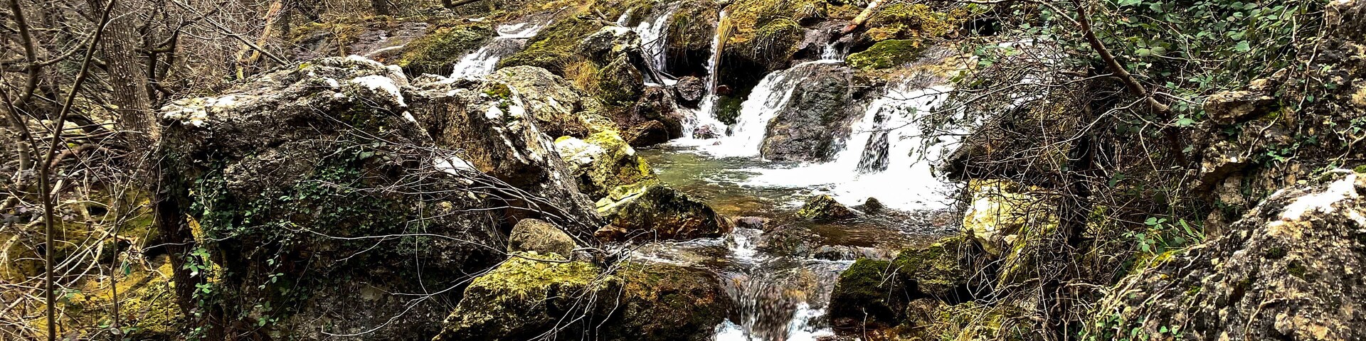 Uma área arborizada com uma cachoeira em cascata sobre rochas.