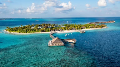 Aerial view of resort at Huruvalhi island, Maldives