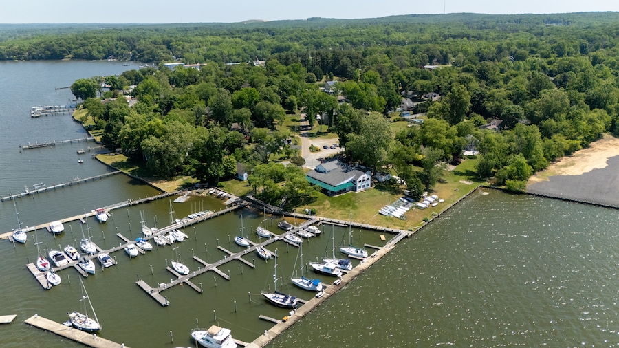 An aerial view of a marina surrounded by dense forest, with boats docked at the piers and a small building on the shore.