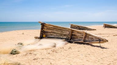 Crude wooden fishing boats lying on yellow beach near Lobito, Angola