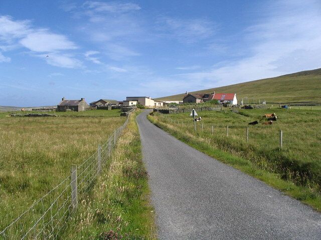 Un camino rural con casas y vacas en un campo cubierto de hierba.