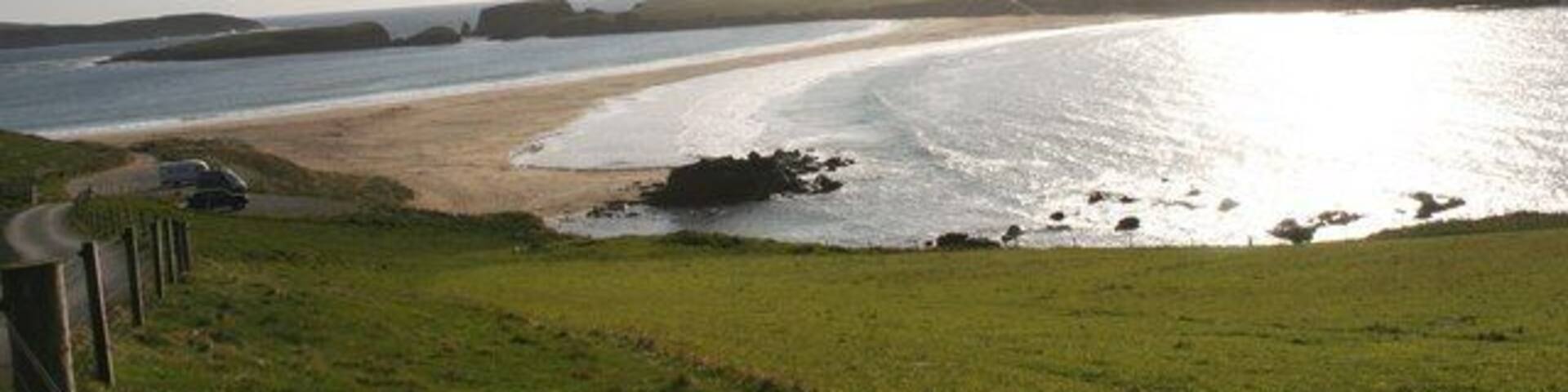 A coastal landscape with a grassy foreground, a sandy beach, and a calm sea.