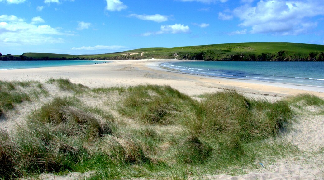 A view of the sand causeway across to St. Ninians Isle in the Shetlands.