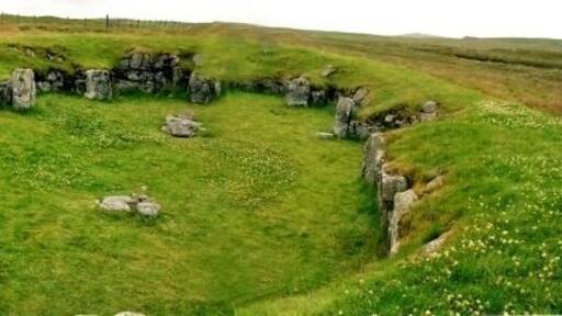 Staneydale Neolithic Temple. Although called Staneydale Temple, it is not known what the function of this for its time very large building was. One interesting feature is that it stands in one of very few places in Shetland from which the sea cannot be seen in any direction.