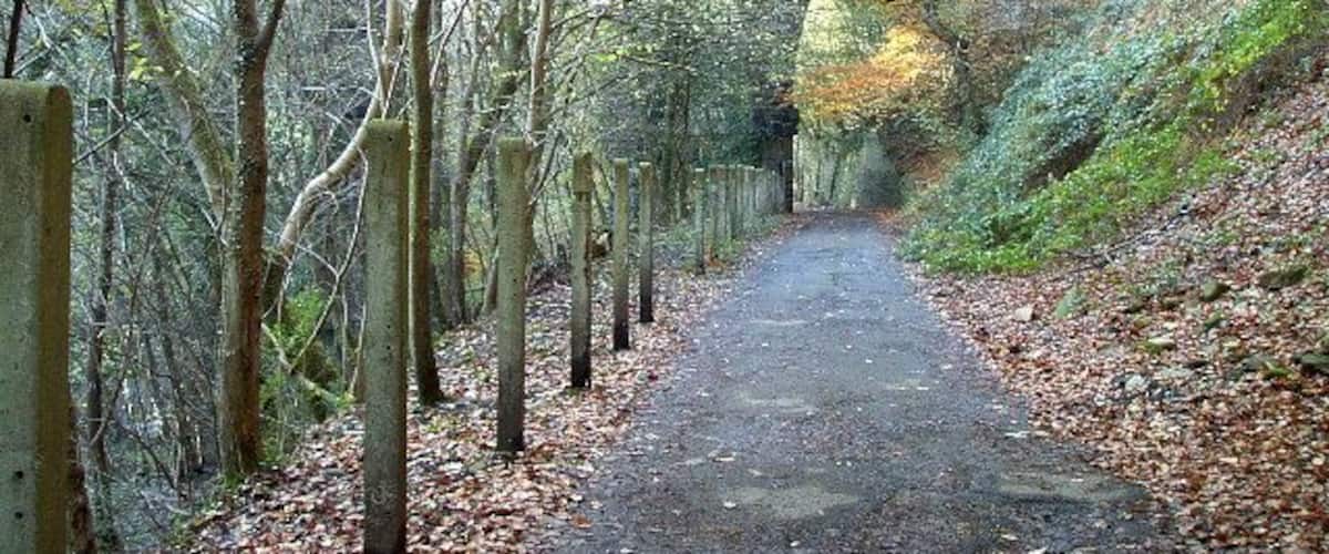 Penydarren tramway at Quakers Yard Viaduct. This Tramway (now a Cycleway)was the site of the first ever journey by steam train in February 1804 when Trevithick ran from the Penydarren Ironworks to Abercynon and back, above it passes the later 1841 Taff Valley Railway