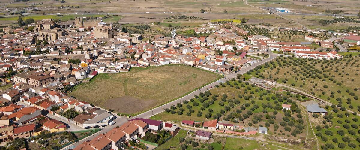Aerial images of the town of Oropesa in the province of Toledo during a sunny spring day