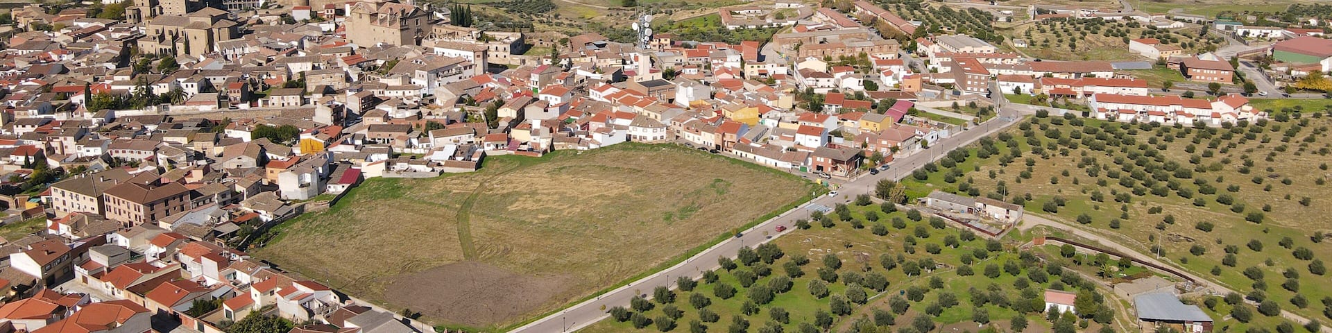 Aerial images of the town of Oropesa in the province of Toledo during a sunny spring day