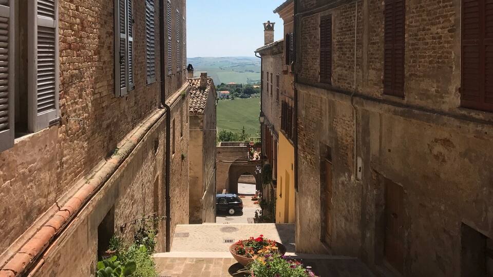 A narrow street flanked by historic stone buildings with shutters, leading to a distant view of green fields.