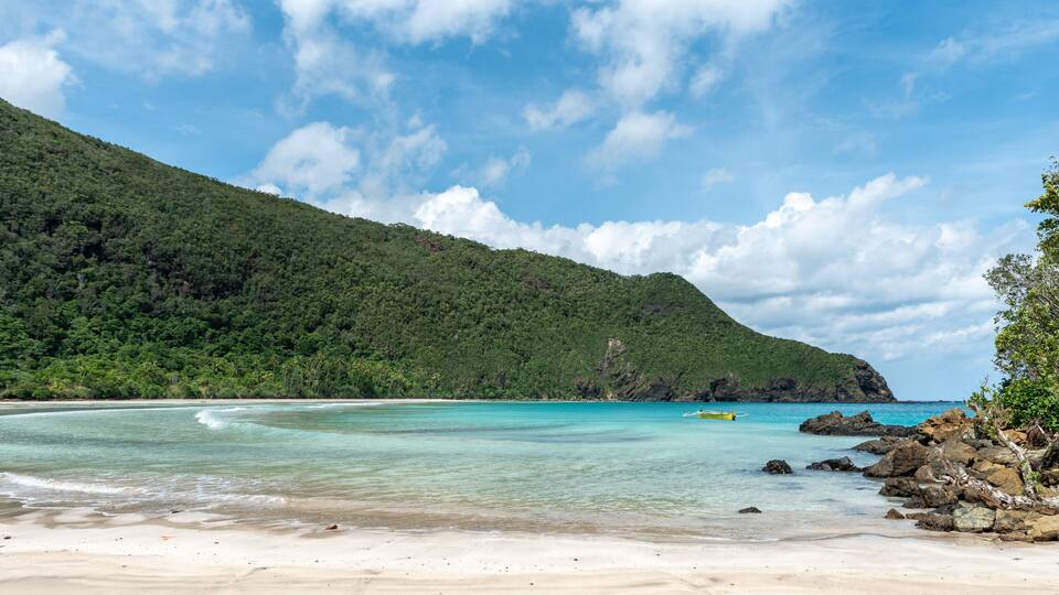 A beach with clear turquoise water, a sandy shore, and a green hill in the background.