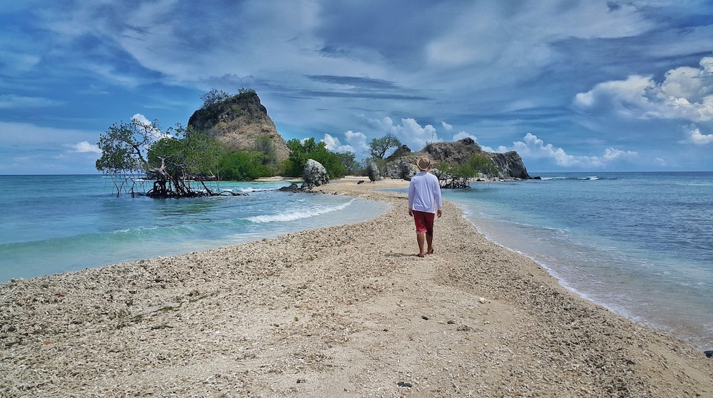 A beach with a person walking towards the water, rocky outcrops, and clear skies.