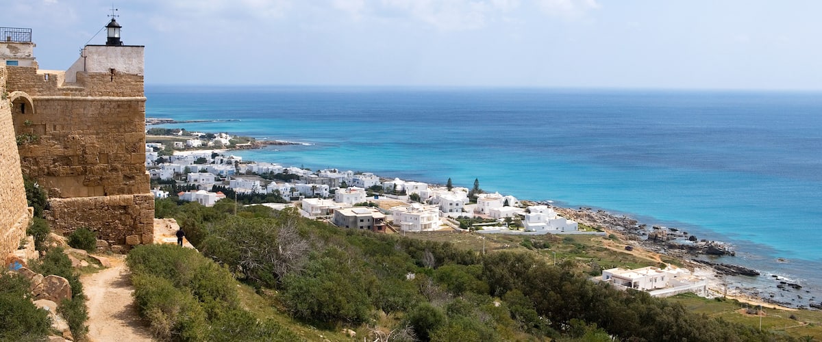 A coastal town with white buildings, a stone fort, and a clear blue sea.