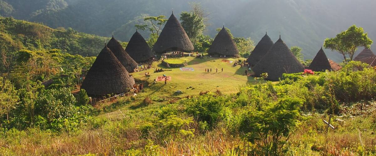 A village with conical huts surrounded by lush greenery and mountains in the background.