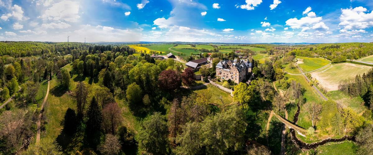 A castle surrounded by dense forests and fields.