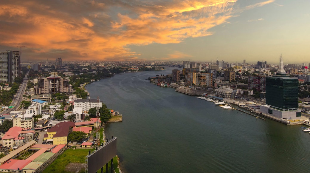An aerial view capturing the Lagos lagoon as the sun sets in the horizon