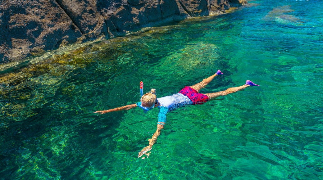 Top view of snorkeler in Sant 'Andrea beach Cote Piane side with rocks and coves, Elba island. Woman in clear waters of Tyrrhenian sea on holiday travel, Italy. Saint Andrew is popular seaside resort.