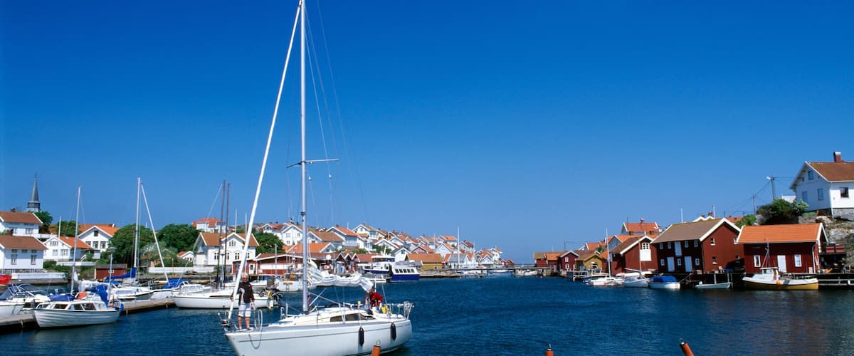 A marina with several sailboats docked, surrounded by houses with red roofs.