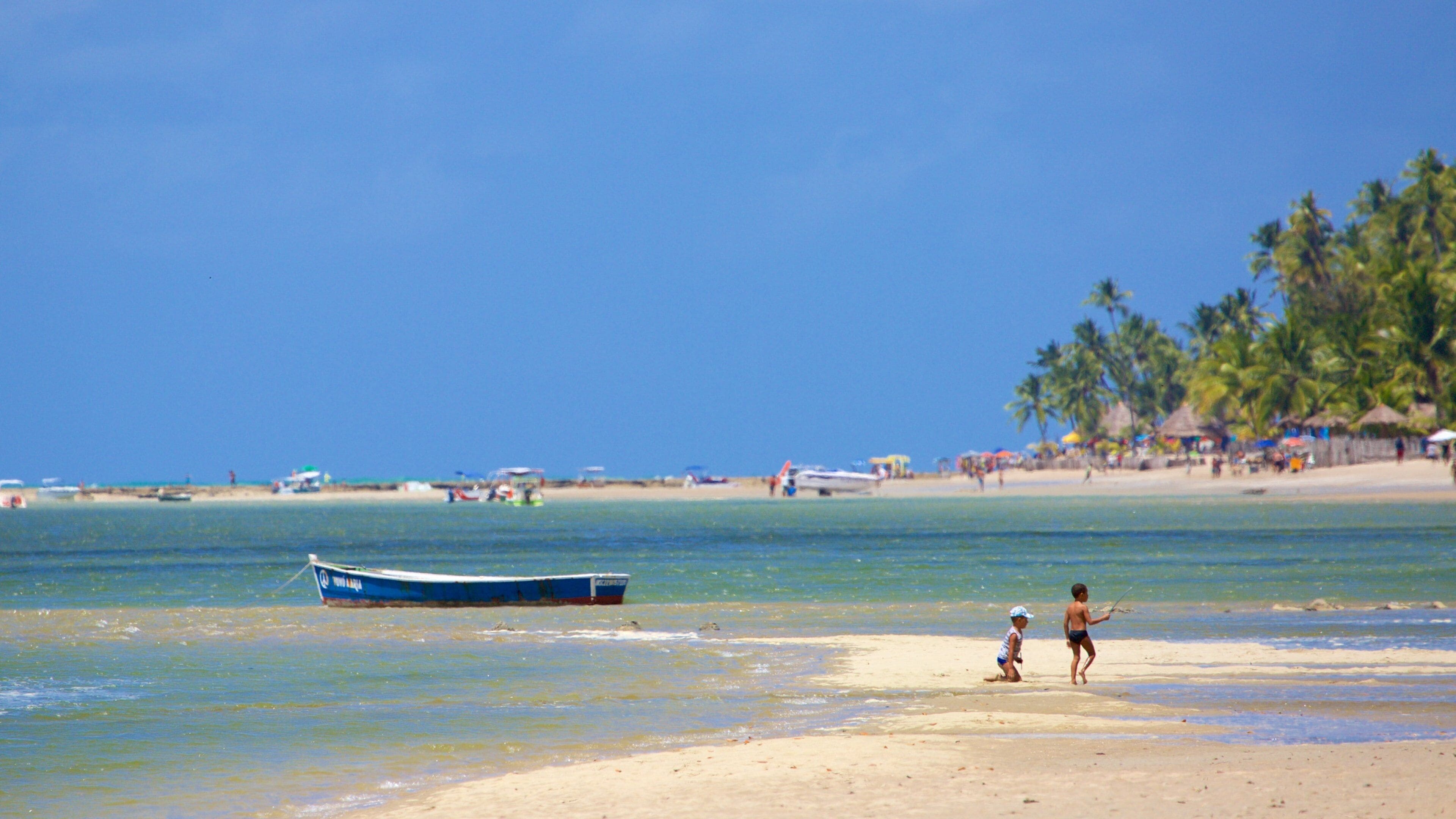 Uma praia com barco, palmeiras e pessoas.