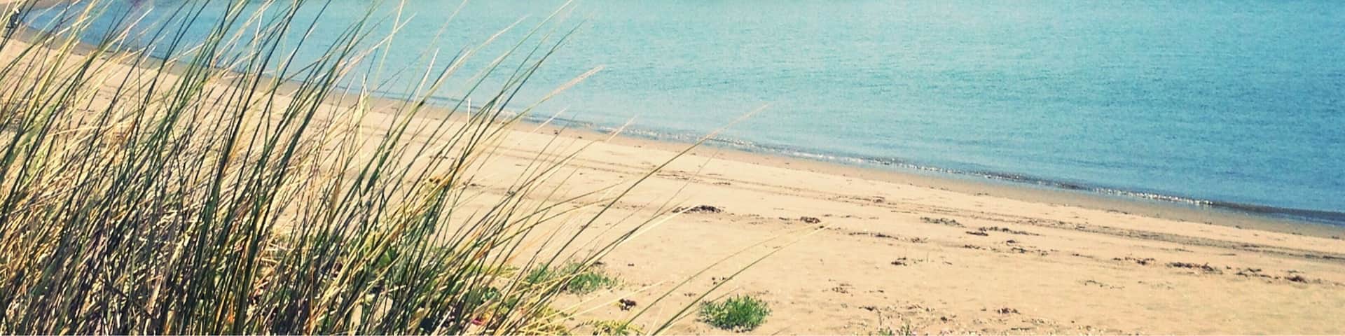 This beach faces Humboldt Bay and is just south of the US Coast Guard Station. There is a small gravel parking area on the Northern end of the beach.