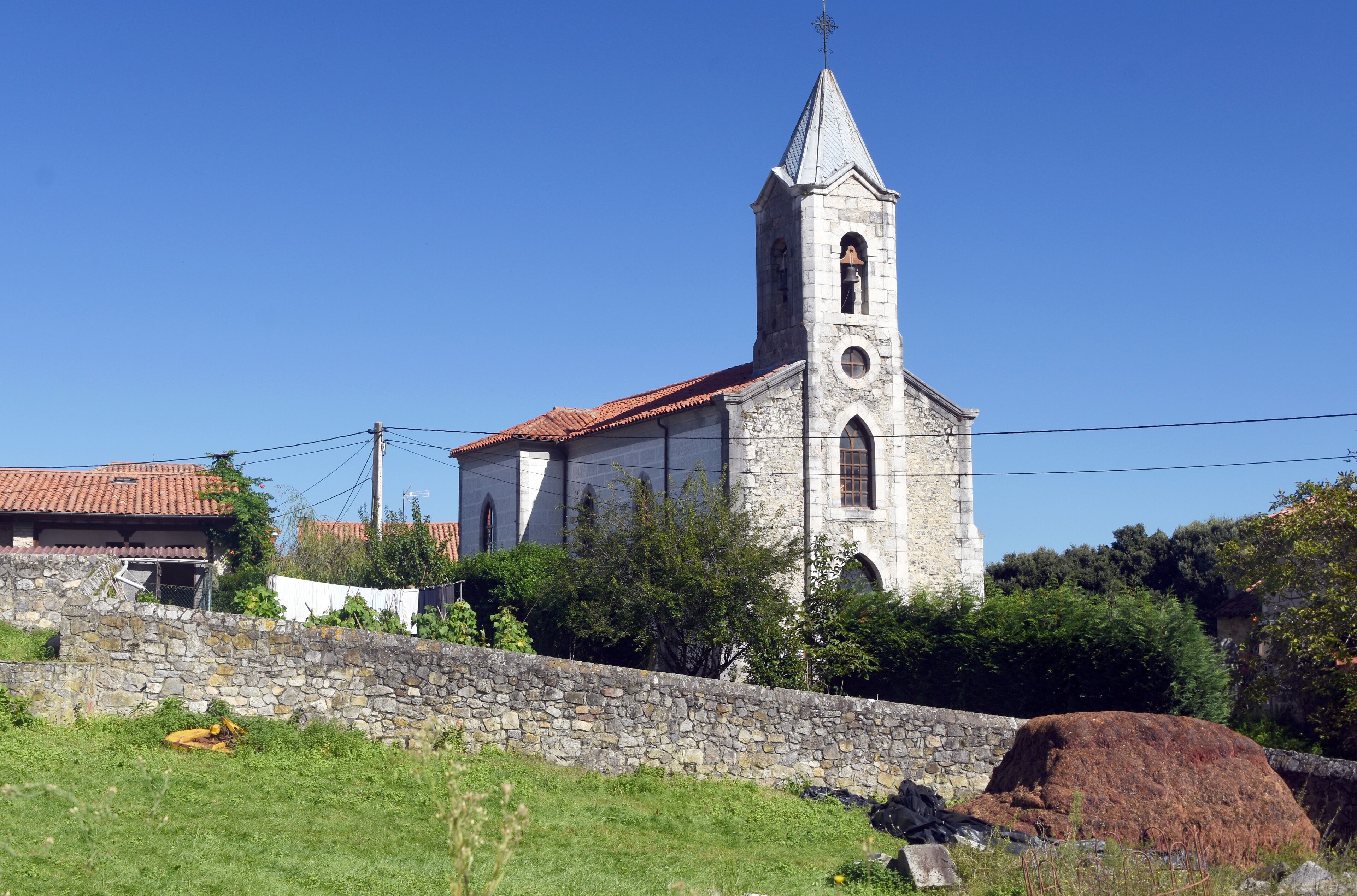 Romanesque church in Asturias on a sunny day.