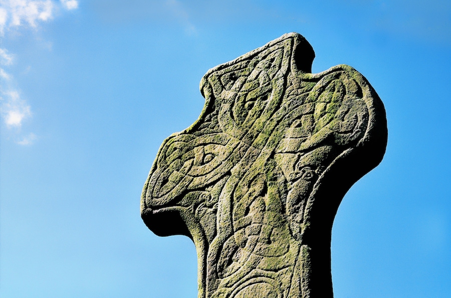 The Carndonagh Cross. Early Celtic Christian curvilinear style carved stone High Cross at Carndonagh, County Donegal, Ireland.