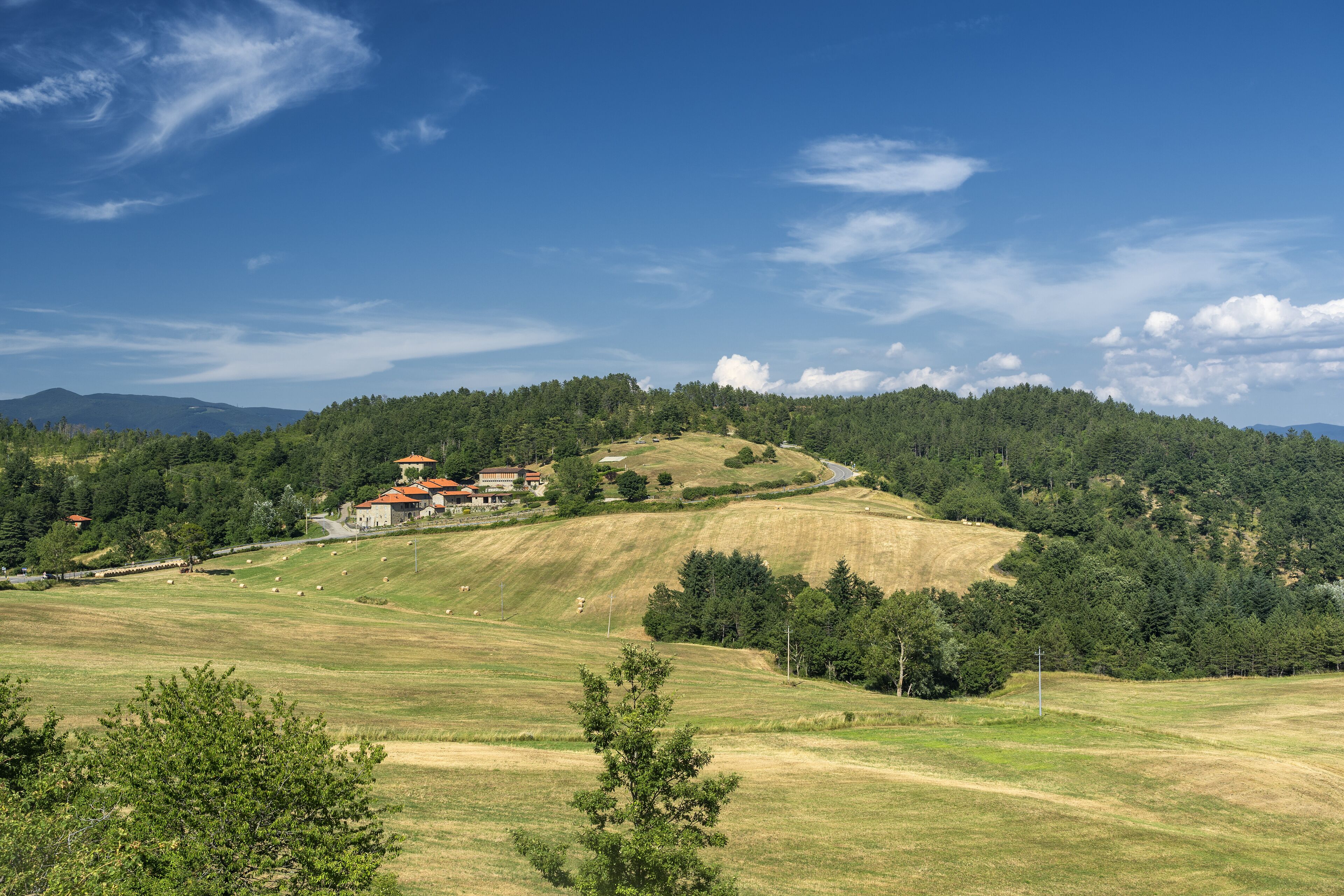A rural landscape with rolling hills, a small house with a red roof, and a clear blue sky.