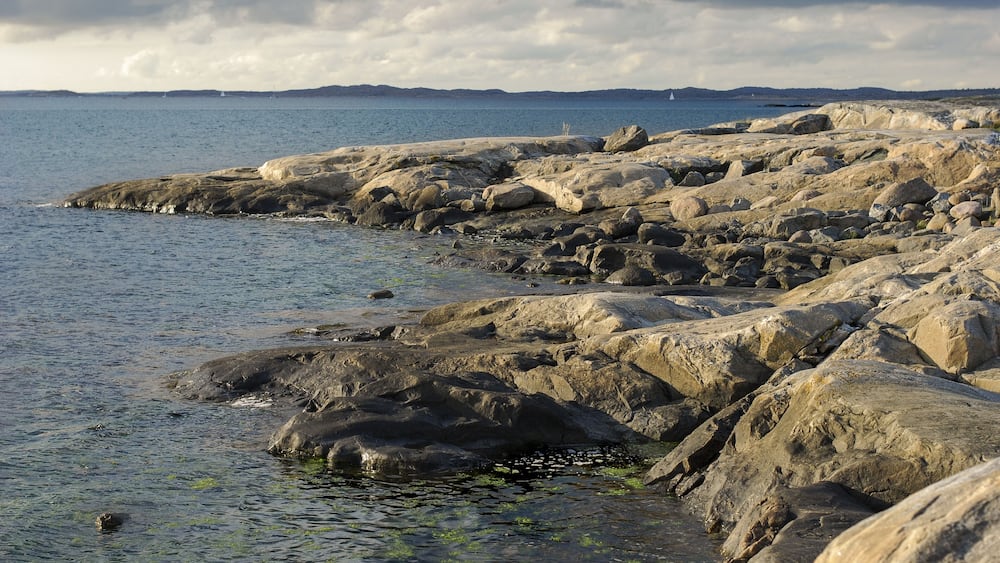 A rocky shoreline with calm water and distant mountains.