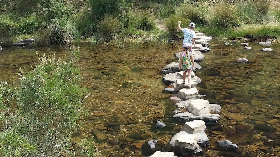 Stepping stones cross the Lerderderg River near this MacKenzie Flat picnic ground in Lederderg State Park. This is an easily accessible site which is popular with locals but little known beyond the Bacchus Marsh town boundary.