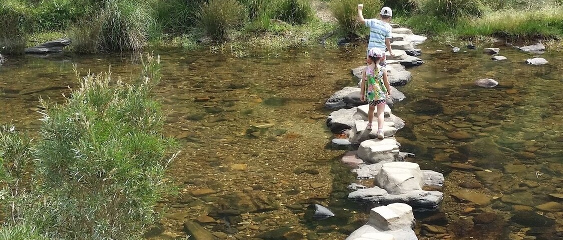 Stepping stones cross the Lerderderg River near this MacKenzie Flat picnic ground in Lederderg State Park. This is an easily accessible site which is popular with locals but little known beyond the Bacchus Marsh town boundary.
