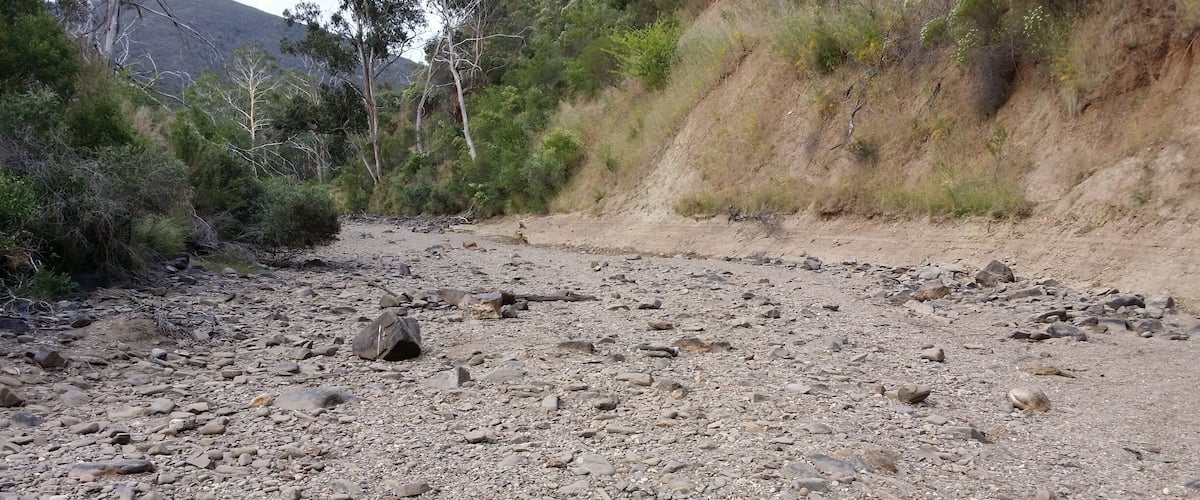 In summer, the fast flowing Lerderderg River often completely dries out.