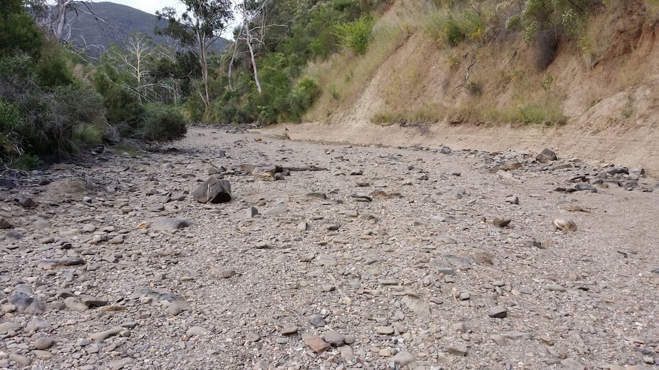 In summer, the fast flowing Lerderderg River often completely dries out.