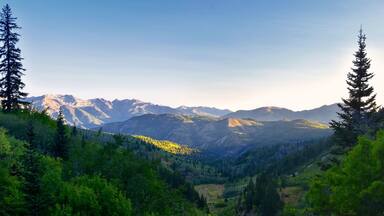 Timpanogos hiking trail landscape views in Uinta Wasatch Cache National Forest, around Utah Lake, in the Rocky Mountains in fall. Views of Midway, Heber, Provo city, Salt Lake and Utah County. USA.