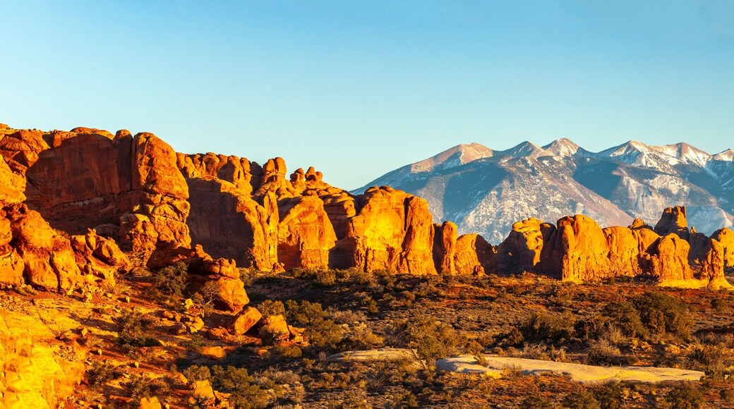 USA, Utah, Arches National Park. Panoramic of La Sal Mountains and Parade Of Elephants formations.