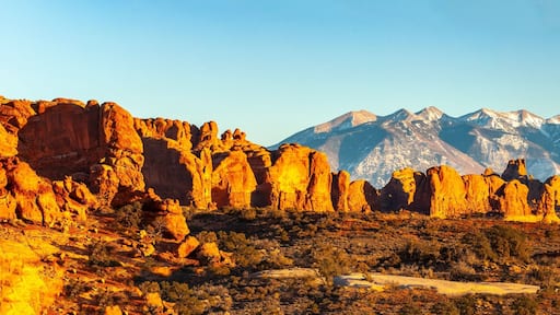 USA, Utah, Arches National Park. Panoramic of La Sal Mountains and Parade Of Elephants formations.