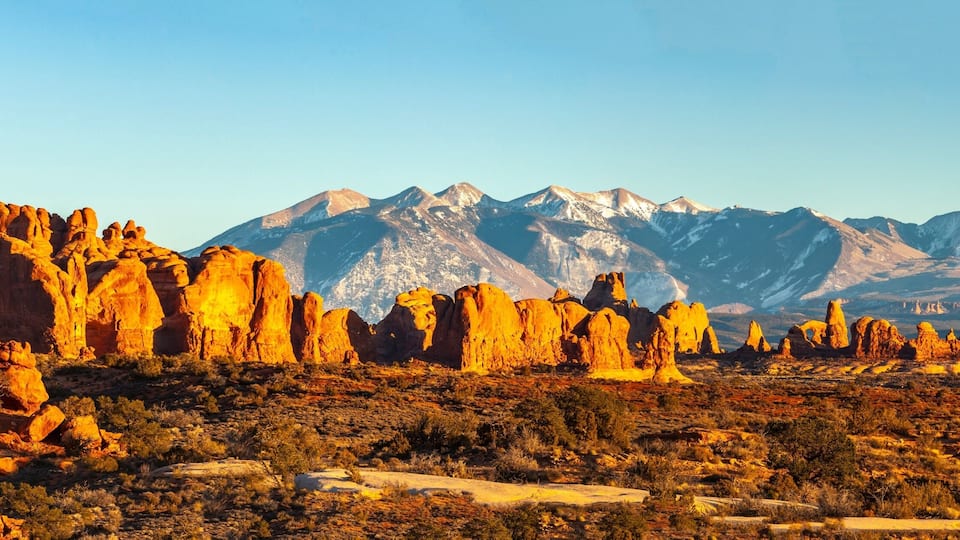 A desert landscape with prominent red rock formations and distant snow-capped mountains.