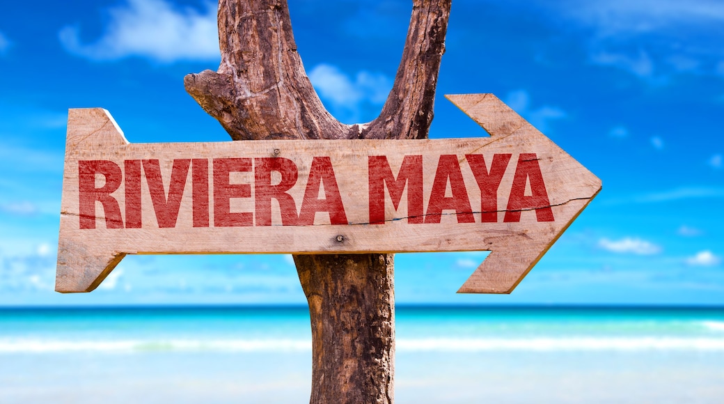 Riviera Maya wooden sign with beach background