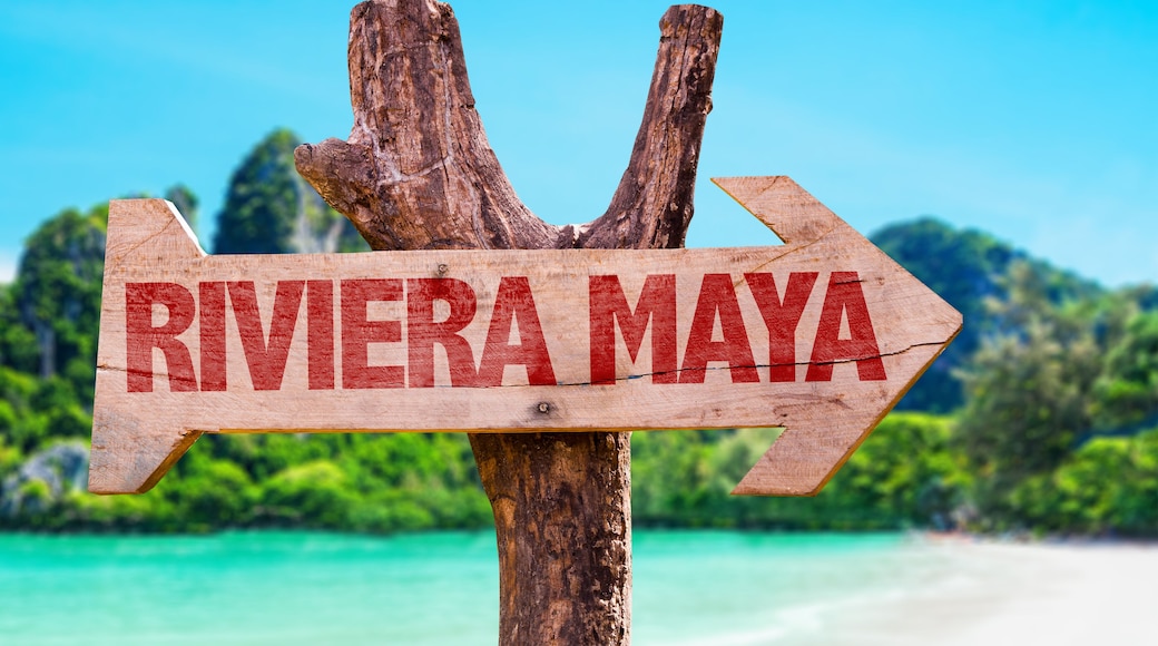 Riviera Maya wooden sign with beach background