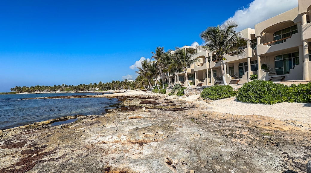 A beach with a rocky shoreline and a clear blue sky. The beach is empty and the houses are white