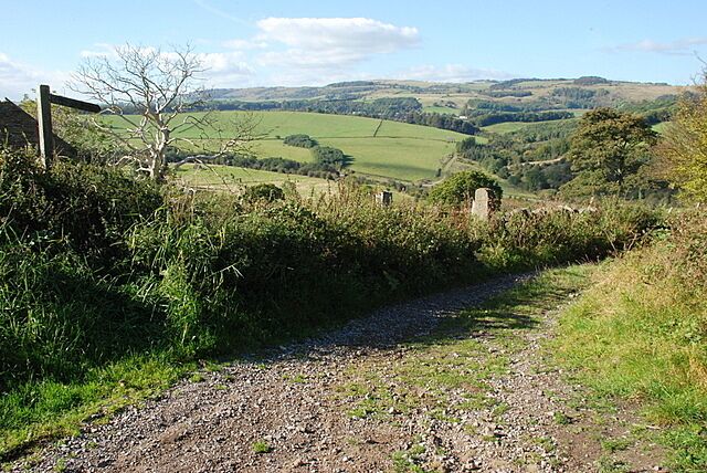 A rural path with a stone wall and a stone structure in the distance.