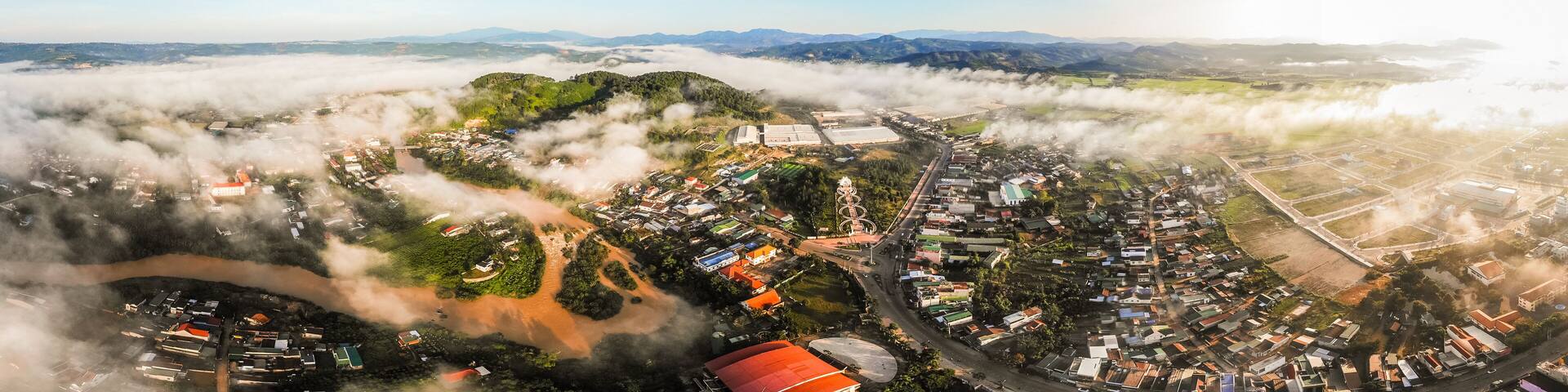 A beautiful corner of Dinh Van Lam town Ha Lam Dong Vietnam in a morning full of fog and sunshine