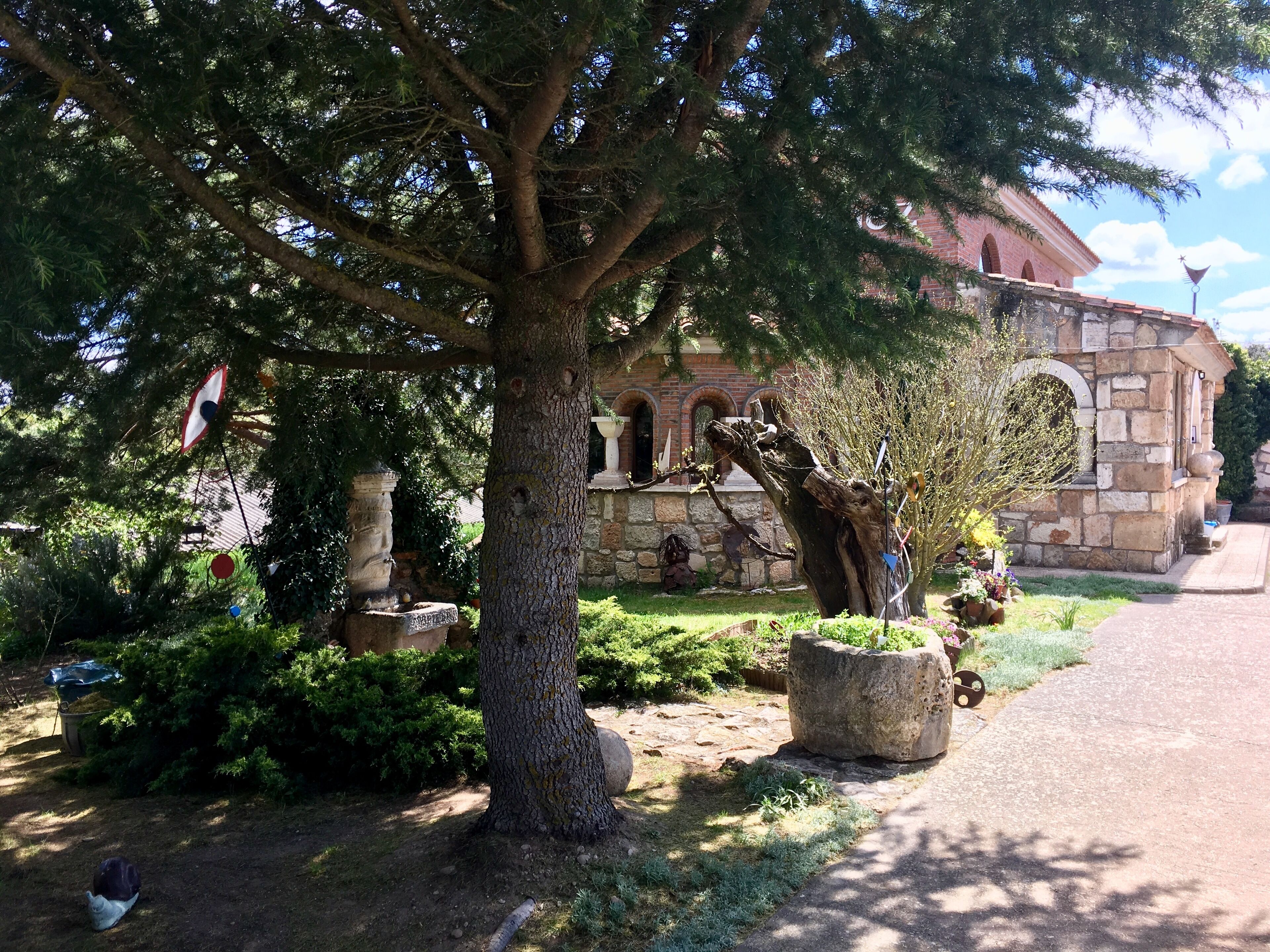 A large tree in front of a stone building with arches.